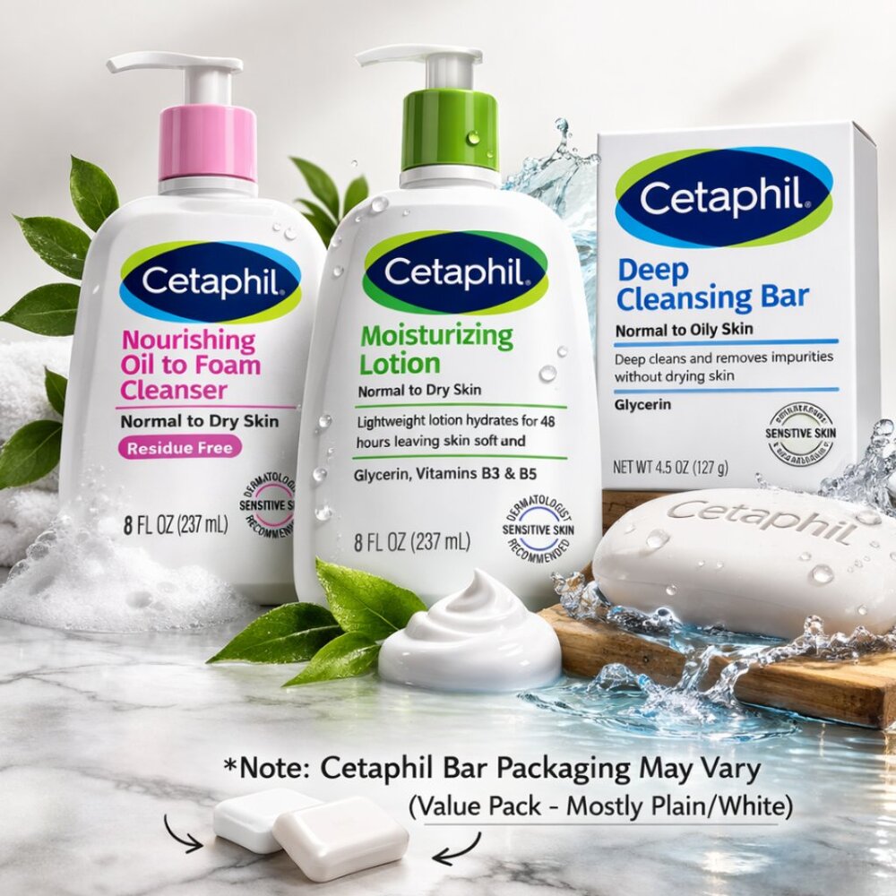 Cetaphil Oil to Foam Cleanser + Moisturizing Lotion + Cleansing Bar NEW